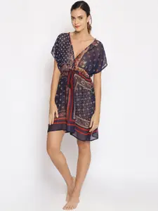 Oxolloxo Women Navy Blue & Brown Printed Cover-Up Swim Dress