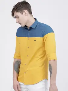 The Indian Garage Co Men Yellow & Teal Slim Fit Colourblocked Casual Shirt