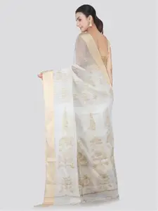 PinkLoom White & Gold-Toned Cotton Blend Woven Design Sustainable Saree