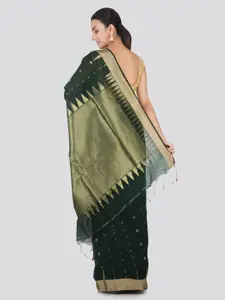 PinkLoom Green & Gold-Toned Cotton Silk Woven Design Handloom Saree
