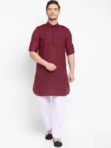 hangup trend Men Maroon & White Solid Kurta with Pyjamas