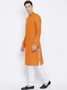 NAMASKAR Men Mustard Yellow & White Solid Cotton Kurta with Churidar
