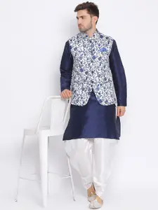 Hangup Men Navy Blue Solid Kurta with Pyjamas & Waistcoat