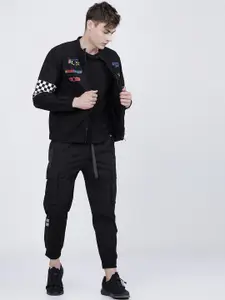 LOCOMOTIVE Men Black White Typography Outdoor Sporty Jacket with Patchwork