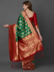 Saree mall Green & Red Woven Design Zari Silk Blend Banarasi Sarees