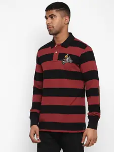 Royal Enfield Men Red & Black Striped Polo Collar Applique Cotton T-shirt