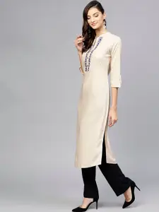 Libas Women Beige Floral Yoke Design Thread Work Floral Kurta