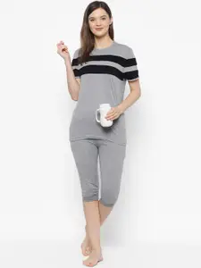 MACK JONNEY Women Grey & Black Striped Night suit