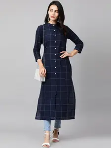 Indo Era Women Navy Blue Checked Mandarin Collar Cotton A-line Kurta