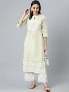 Libas Women Green & White Floral Embroidered Keyhole Neck Thread Work Cotton Kurta