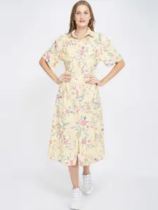 Oxolloxo Women Yellow & Pink Floral Printed A Line Midi Dress