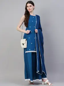 Stylum Women Blue Floral Embroidered Kurta with Skirt & With Dupatta