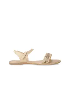 Bata Women Gold Open Toe Flats with Laser Cuts