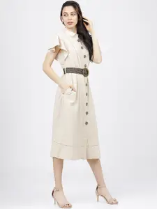 Tokyo Talkies Beige Shirt Midi Dress with Belt