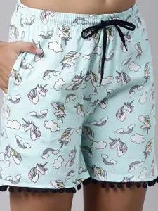 Kryptic Women Turquoise Blue & Black Printed Lounge Shorts