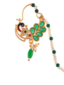 Silvermerc Designs Women Gold-Plated Green Pearls-Studded Nose Ring