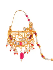Silvermerc Designs Gold-Plated Red & White Stone Pearl Beaded Meenakari Krishna Nose Ring