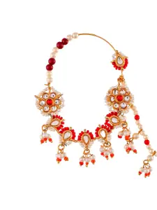 Silvermerc Designs Meenakari Gold-Plated White & Red Pearls-Studded Nose Ring