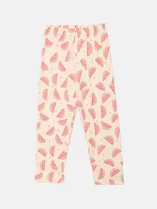 mackly Girls Cream-Coloured & Red Printed Night suit