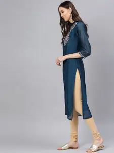 Varanga Women Teal Blue Ethnic Motifs Yoke Design Chanderi Silk Chanderi Silk Kurta