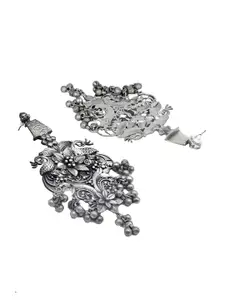 TEEJH Silver-Plated German Silver Oxidised Peacock Shaped Drop Earrings