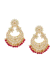 aadita Women Red & Gold-Toned Kundan Studded Contemporary Chandbalis Earrings