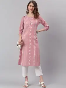 Janasya Women Pink Printed Cotton Straight Kurta