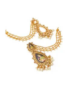 aadita Gold-Toned & White Pearls Studded Contemporary Drop Earrings With Hair Chain