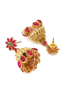 aadita Gold-Toned & Red Floral Jhumkas Earrings