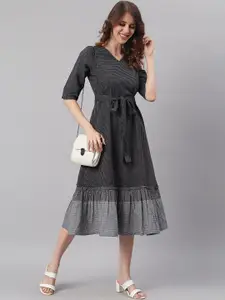 Janasya Cotton Striped Flared Casual Dress