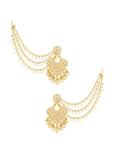 aadita Gold-Toned Pearls Studded Contemporary Chandbalis Earrings With Hair Chain