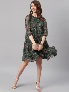 Janasya Georgette Floral Flared Dress