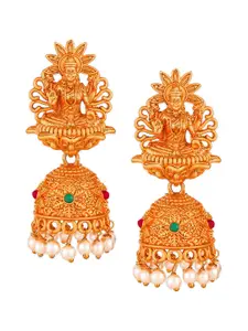 aadita Women Gold-Toned & White Contemporary Goddess Lakshami Temple Jhumkas Earrings