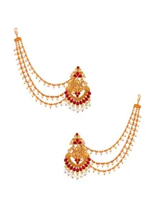 aadita Red Gold-Toned & White Pearls Studded Contemporary Drop Earrings With Hair Chain