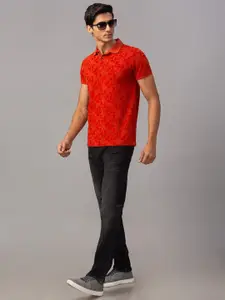 SPYKAR Men Orange Floral   Polo Collar Tropical Slim Fit T-shirt