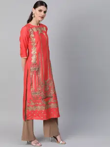 Libas Women Coral Ethnic Motifs Printed Keyhole Neck Kurta