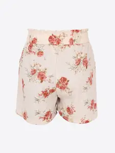 CUTECUMBER Girls Beige Floral Printed Mid-Rise Regular Shorts