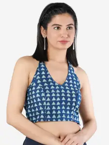 Llajja Women Blue & White Printed Non-Padded Pure Cotton Saree Blouse