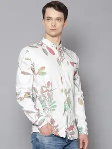 LINDBERGH Men White & Green Slim Fit Floral Printed Cotton Casual Shirt
