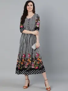 Ishin Women Black Floral Printed A-Line Midi Dress