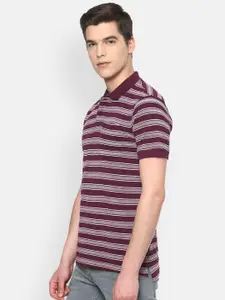 Van Heusen Sport Men Maroon & White Striped Polo Collar Cotton T-shirt