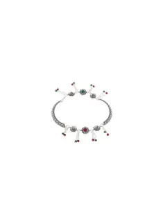 Silvermerc Designs Set of 2 Oxidized Silver-Plated Red & Green Stone-Studded Rasika Anklets