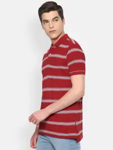 Van Heusen Sport Men Red  Off White Striped Polo Collar Cotton Pure Cotton T-shirt
