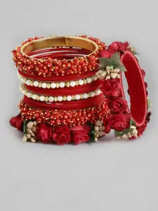 Peora Red Rose Flower Design Chuda Chura Bangle Set