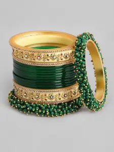 Peora Set of 34 Green Gold-Plated Handcrafted Embellished Wedding Chuda Bangles