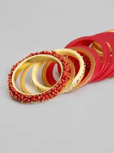 Peora Maroon & Gold-Plated Floral Pearl Studded Chura Chuda Bangle Set