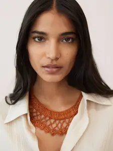 MANGO Rust Orange Floral Crochet Necklace