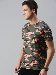 Urbano Fashion Men Green  Coral Camouflage Printed Slim Fit Pure Cotton T-shirt