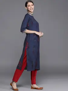 Libas Women Navy Blue & Red Floral Printed Kurta