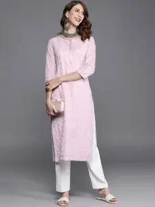 Libas Women Pink & Silver-Toned Ethnic Motifs Printed Gotta Patti Pastels Kurta